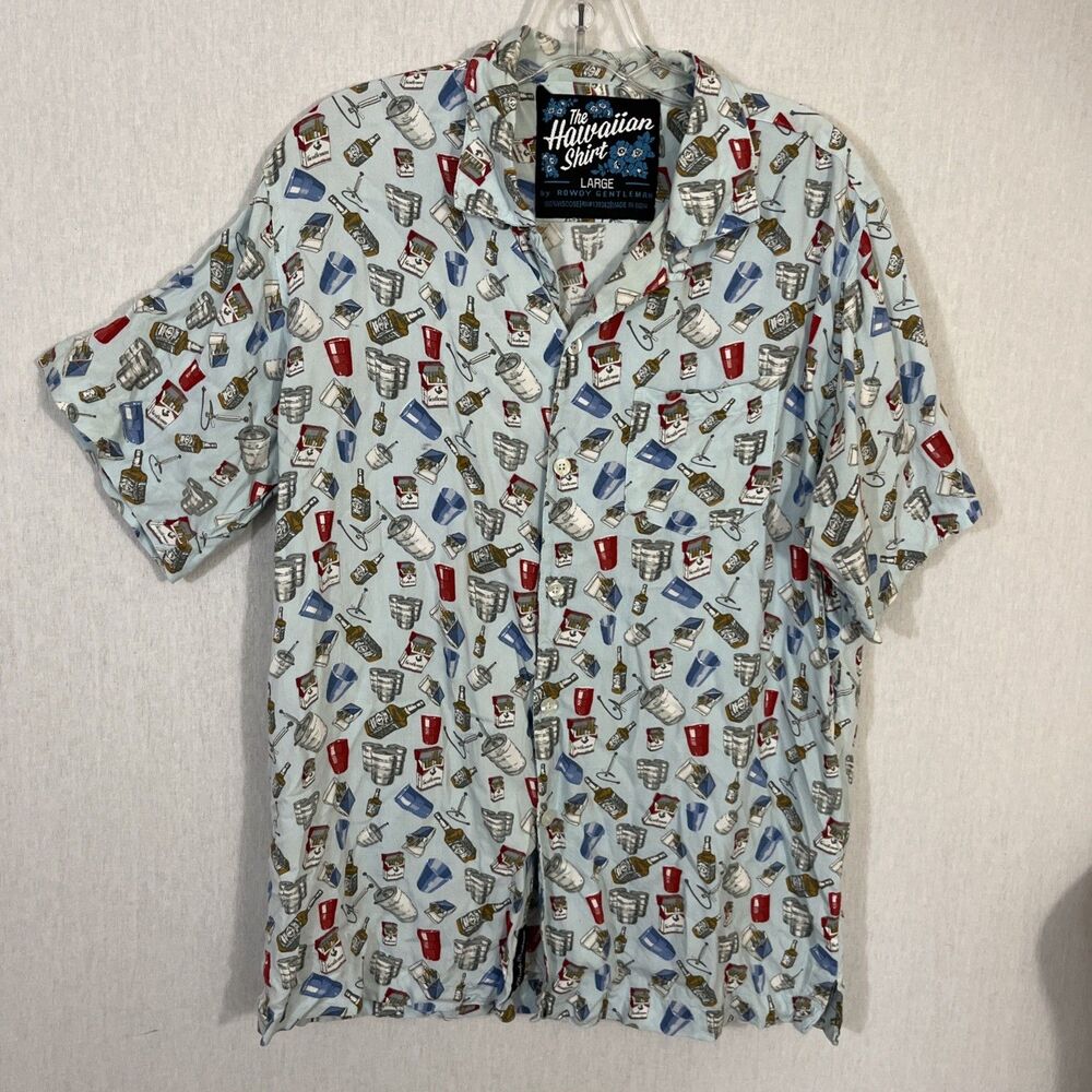 Mens Rowdy Gentlemen Hawaiian Shirt Blue Alcohol Print Button Up Viscose Size L